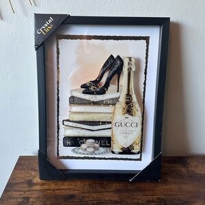 Luxury Designer Framed Art Print Books, Heels and Champagne Glass Wall Decor NWT